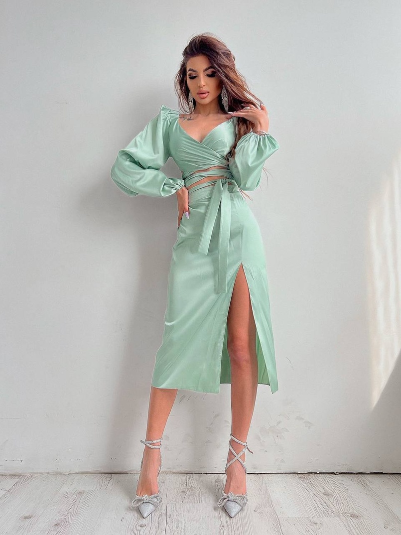 Шелковый комплект: топ с завязками на талии + юбка миди с разрезом  | PUSHKA SHOP