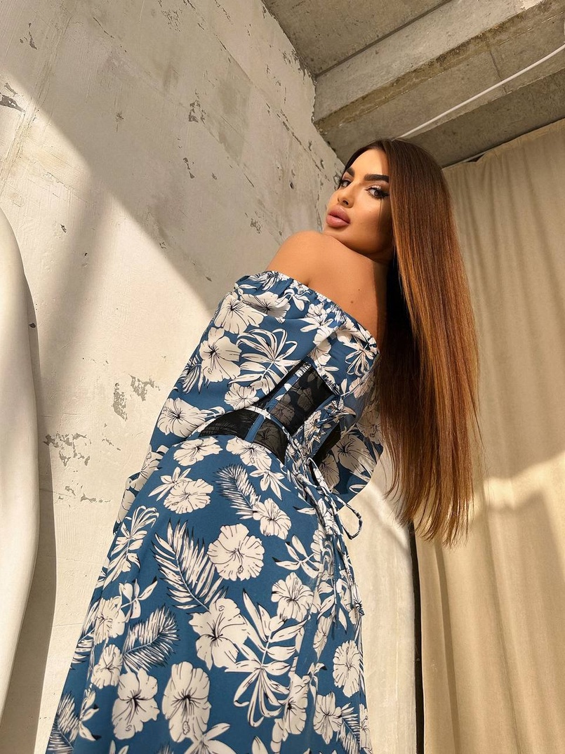 Сукня міді з розрізом в квітковий принт + прозорий корсет  Сукня міді з розрізом в квітковий принт + прозорий корсет  | PUSHKA SHOP