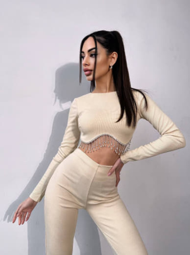 Комплект : штани кльош і топ , декорований бахромою зі страз Ручна робота Комплект : штани кльош і топ , декорований бахромою зі страз Ручна робота | PUSHKA SHOP