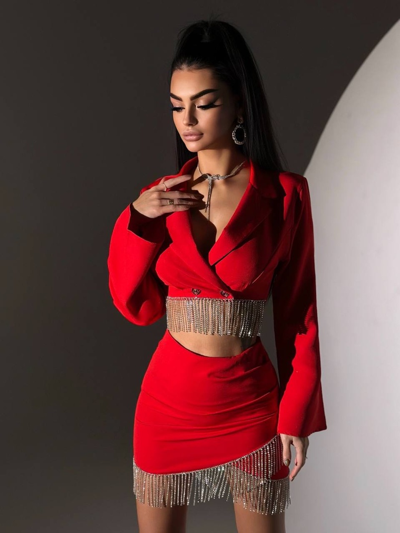 Комплект декорований бахромою із стразами: піджак + спідниця  | PUSHKA SHOP