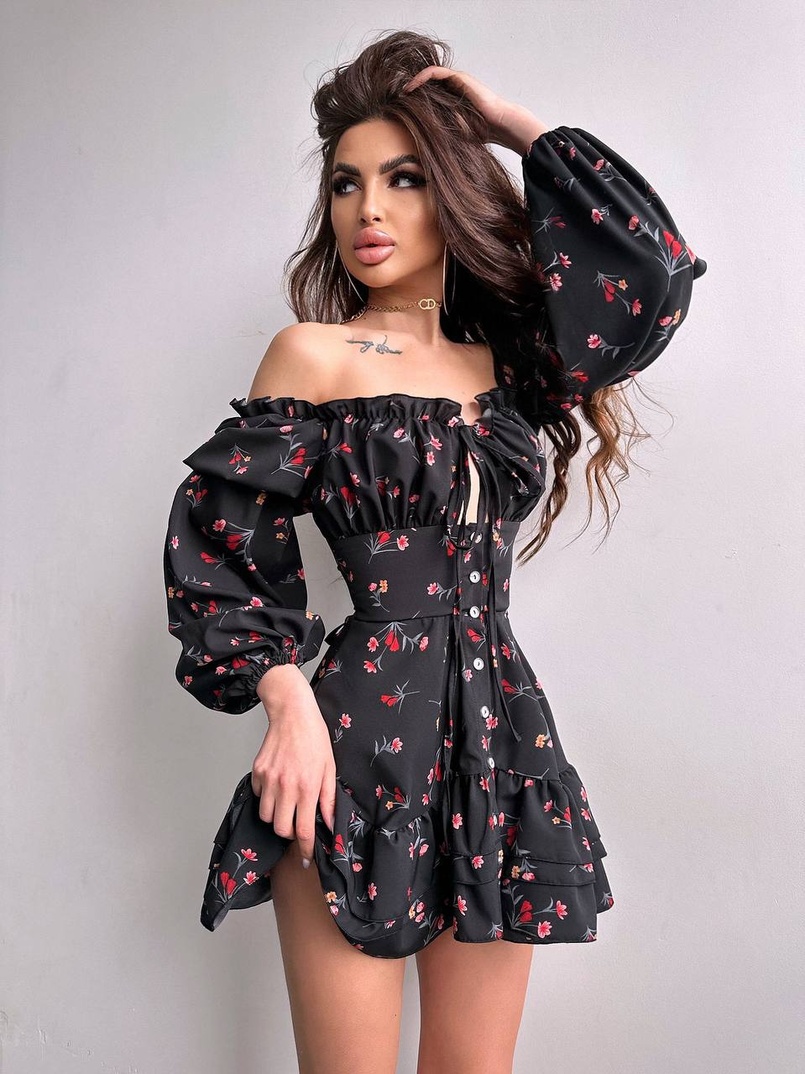 Сукня з квітковим принтом з воланами на ґудзиках  Сукня з квітковим принтом з воланами на ґудзиках  | PUSHKA SHOP