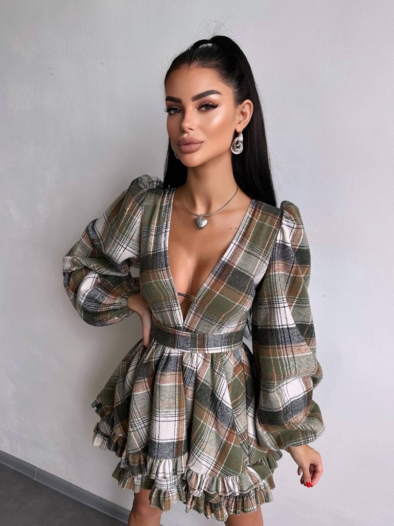 Сукня з подвійною спідницею та обʼємними рукавами у клітинку  Сукня з подвійною спідницею та обʼємними рукавами у клітинку  | PUSHKA SHOP