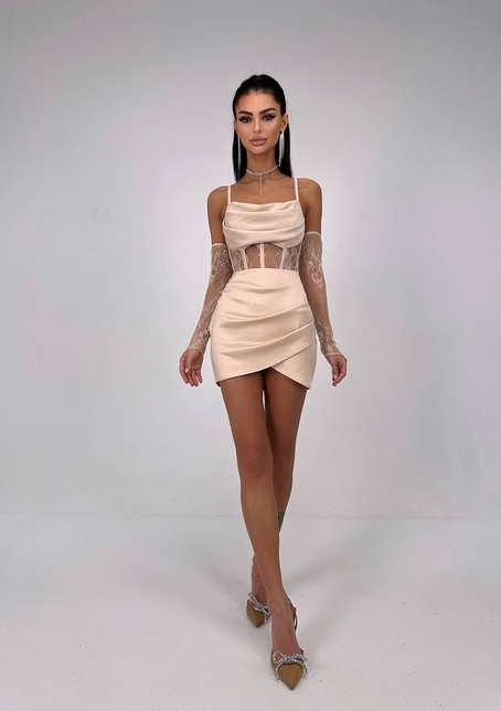 Комплект: корсет, декорований мереживом   + рукавички+ спідниця міні з драпіруванням   Комплект: корсет, декорований мереживом   + рукавички+ спідниця міні з драпіруванням   | PUSHKA SHOP