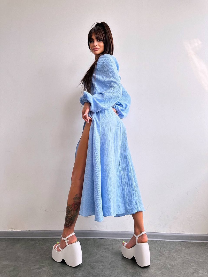 Муслінова сукня -міді з розрізом на ніжці  | PUSHKA SHOP