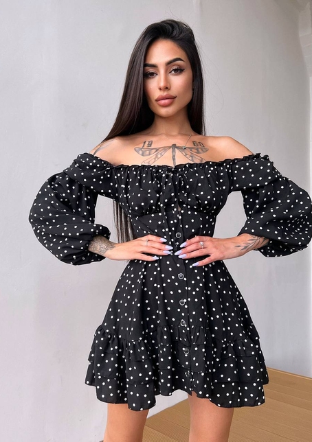 Сукня в горошок на ґудзиках з воланами  | PUSHKA SHOP