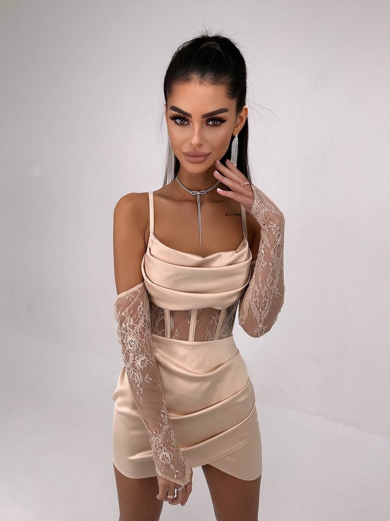 Комплект: корсет, декорований мереживом   + рукавички+ спідниця міні з драпіруванням   Комплект: корсет, декорований мереживом   + рукавички+ спідниця міні з драпіруванням   | PUSHKA SHOP