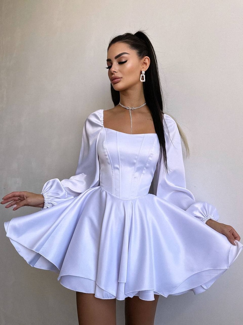 Атласна корсетна сукня з пишною подвійною спідницею та об‘ємними рукавами | PUSHKA SHOP