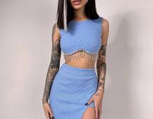 Комплект: топ з бахромою зі страз та спідниця з розрізом  Комплект: топ з бахромою зі страз та спідниця з розрізом  | PUSHKA SHOP