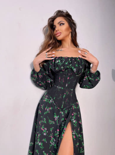 Сукня міді з розрізом в квітковий принт + прозорий корсет  Сукня міді з розрізом в квітковий принт + прозорий корсет  | PUSHKA SHOP