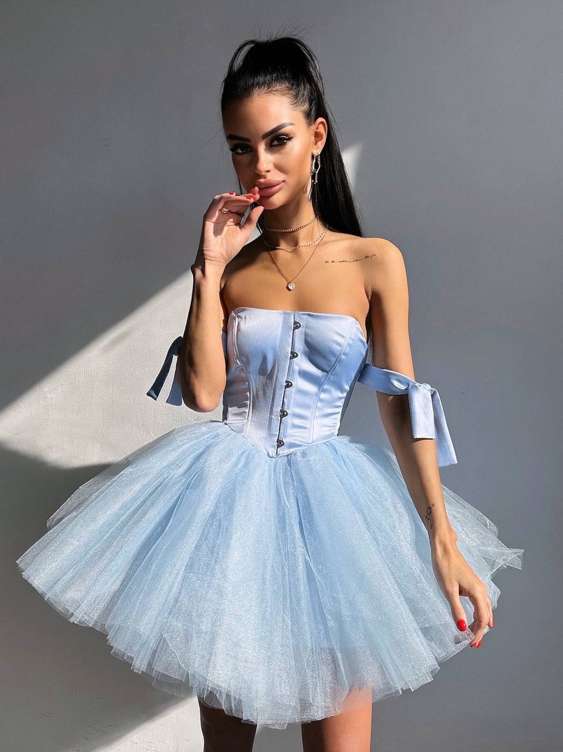 Атласна корсетна сукня міні з гачками та пишною фатиновою спідницею  Атласна корсетна сукня міні з гачками та пишною фатиновою спідницею  | PUSHKA SHOP