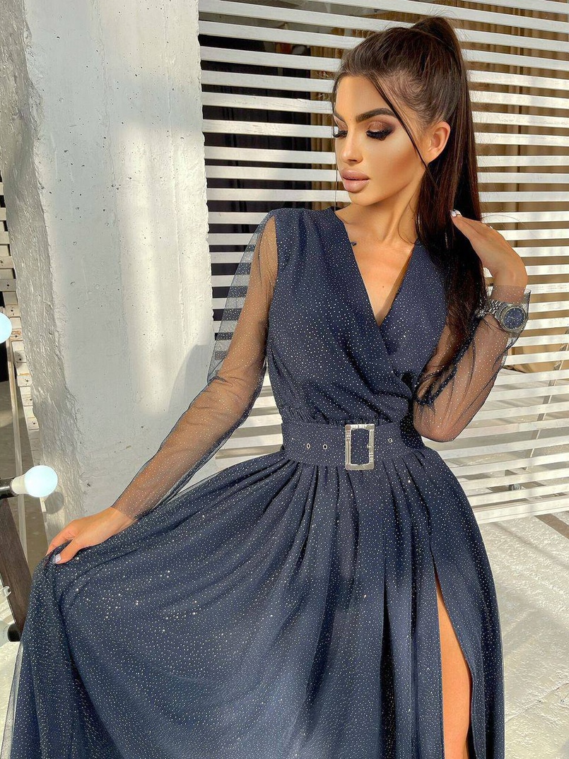 Блискуча сукня-міді із запахом на грудях і розрізом на спідниці з широким поясом  Блискуча сукня-міді із запахом на грудях і розрізом на спідниці з широким поясом  | PUSHKA SHOP