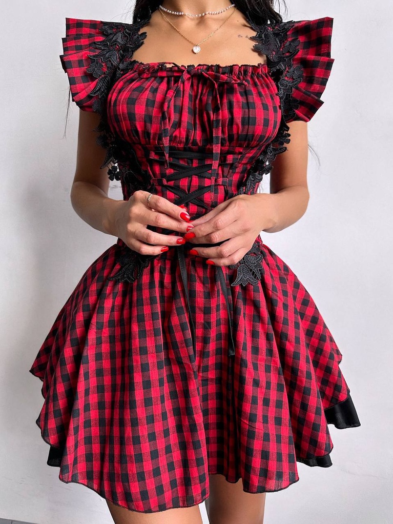 Сукня в клітинку декорована мереживом  Сукня в клітинку декорована мереживом  | PUSHKA SHOP