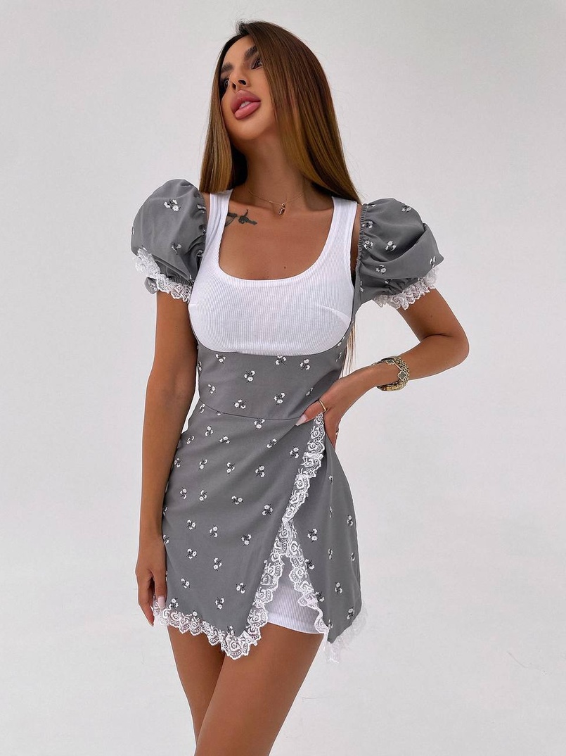 Сукня з квітковим принтом декорована мереживом  Сукня з квітковим принтом декорована мереживом  | PUSHKA SHOP