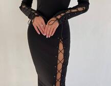 Сукня міді зі шнурівкою на ніжці та на рукавах | PUSHKA SHOP