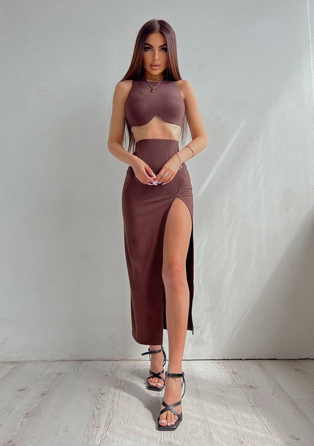 Комплект: топ с чашечками с эффектом push up + юбка миди с разрезом  Комплект: топ с чашечками с эффектом push up + юбка миди с разрезом  | PUSHKA SHOP