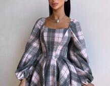 Корсетна сукня з подвійною спідницею та обʼємними рукавами у клітинку  Корсетна сукня з подвійною спідницею та обʼємними рукавами у клітинку  | PUSHKA SHOP