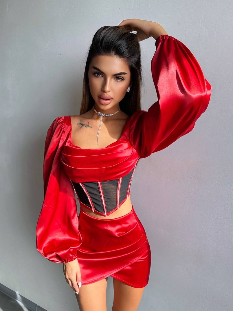 Комплект: корсет, декорований стразами   + спідниця міні з драпіруванням  Комплект: корсет, декорований стразами   + спідниця міні з драпіруванням  | PUSHKA SHOP