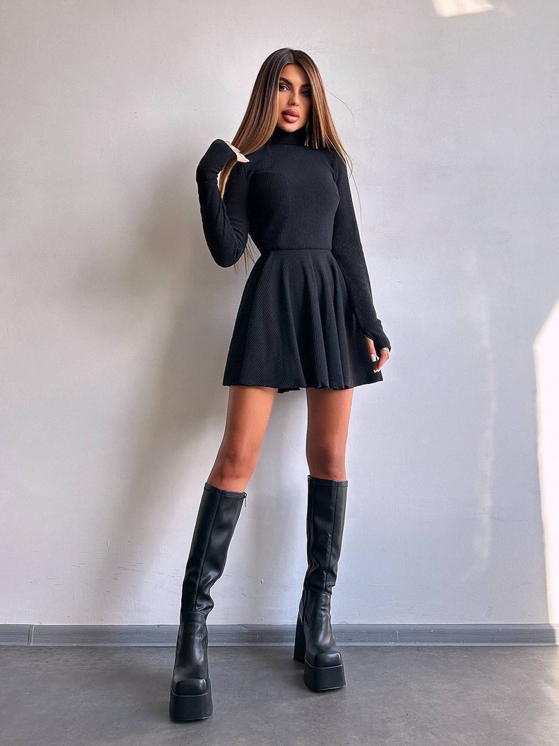 Трикотажна сукня міні із спідницею сонцем     | PUSHKA SHOP