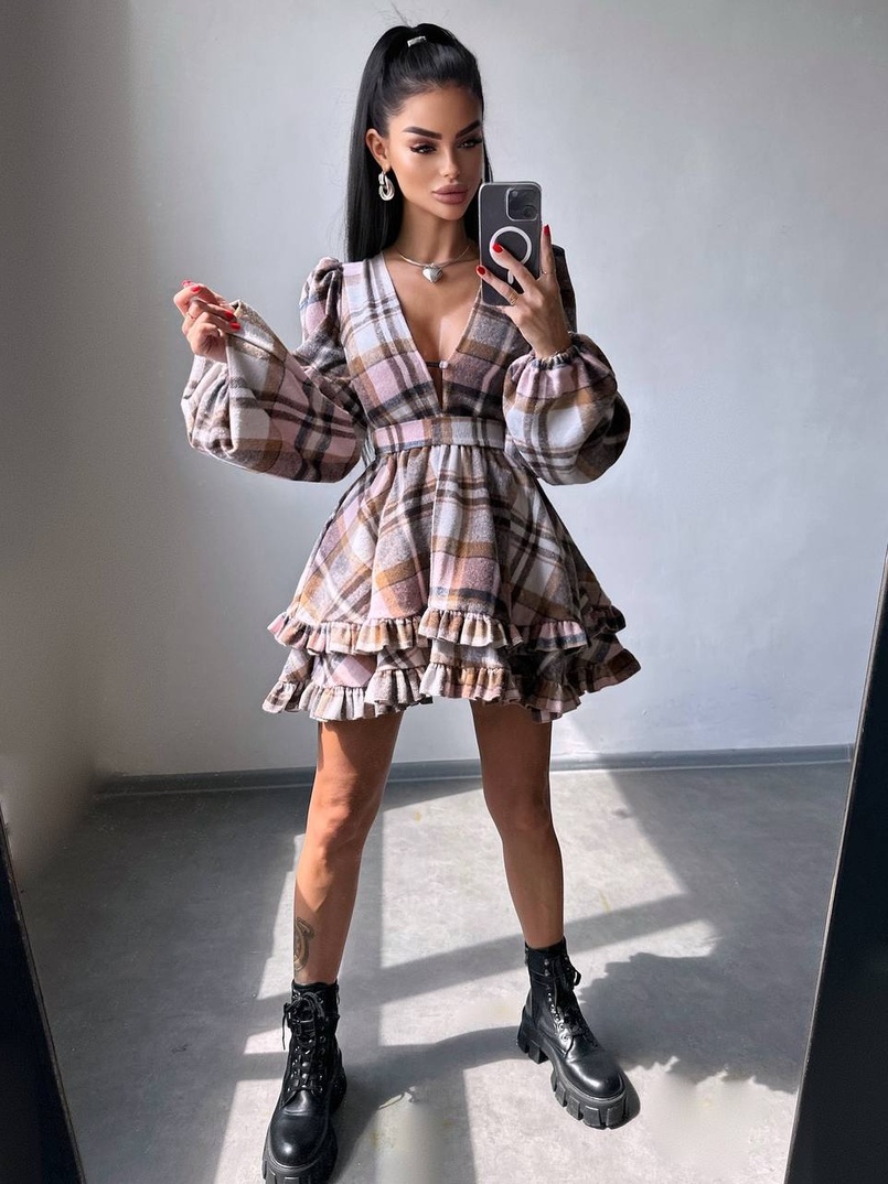 Сукня з подвійною спідницею та обʼємними рукавами у клітинку  Сукня з подвійною спідницею та обʼємними рукавами у клітинку  | PUSHKA SHOP