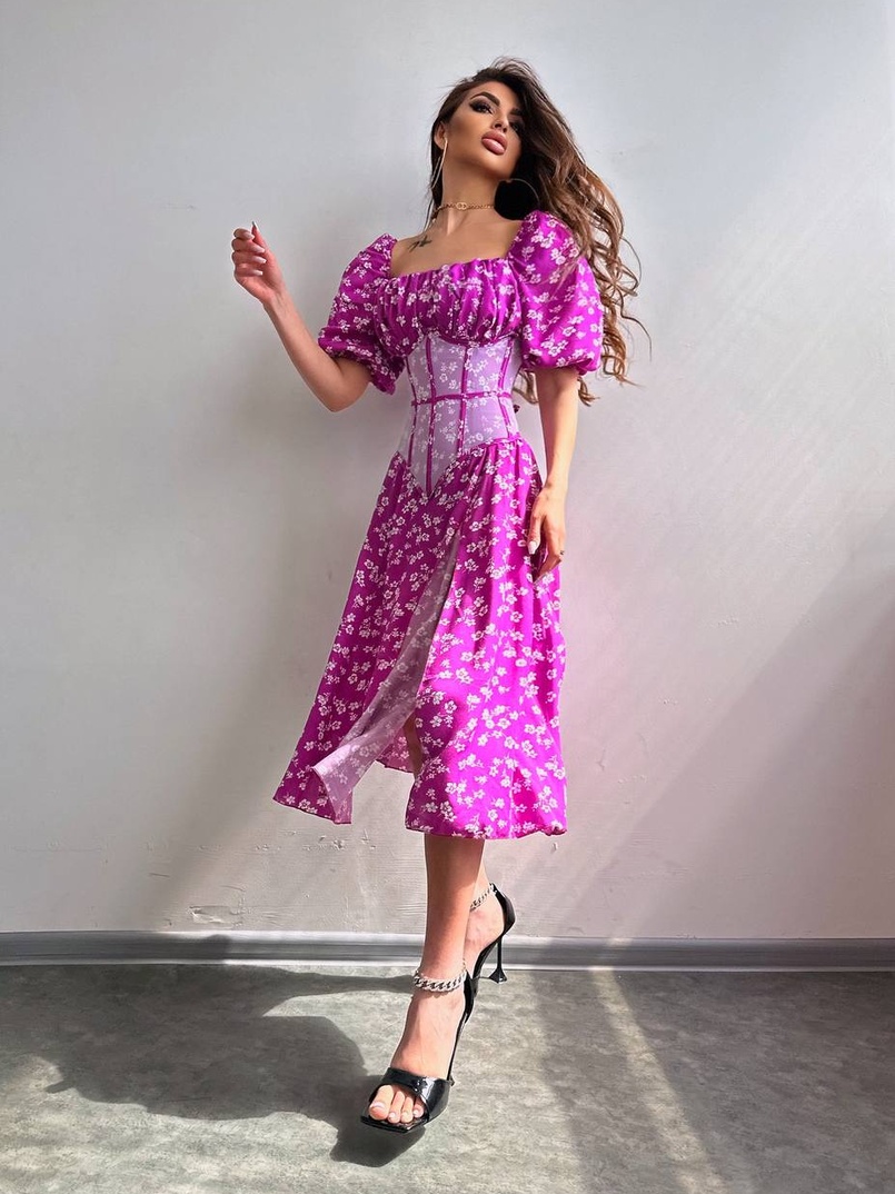 Сукня міді з розрізом в квітковий принт + прозорий корсет  Сукня міді з розрізом в квітковий принт + прозорий корсет  | PUSHKA SHOP