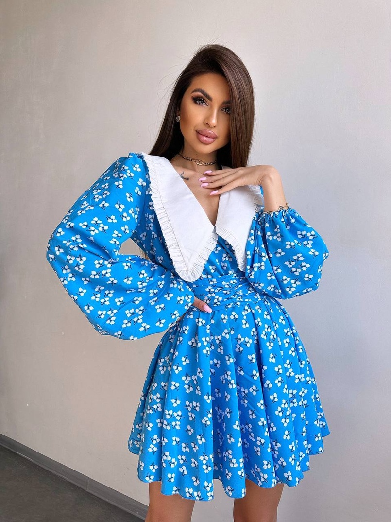 Сукня з коміром та об'ємними рукавами з широким поясом | PUSHKA SHOP