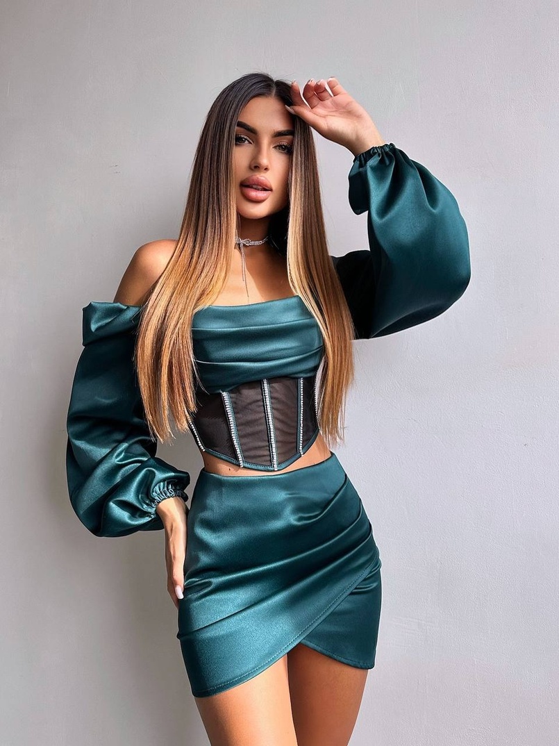 Комплект: корсет, декорований стразами   + спідниця міні з драпіруванням  Комплект: корсет, декорований стразами   + спідниця міні з драпіруванням  | PUSHKA SHOP