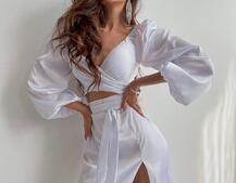 Шелковый комплект: топ с завязками на талии + юбка миди с разрезом  Шелковый комплект: топ с завязками на талии + юбка миди с разрезом  | PUSHKA SHOP