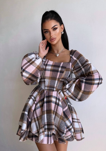 Корсетна сукня з подвійною спідницею та обʼємними рукавами у клітинку  | PUSHKA SHOP