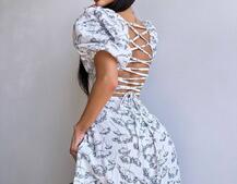 Сукня -міді зі шнурівкою на спинці та розрізом на ніжці з принтом  | PUSHKA SHOP