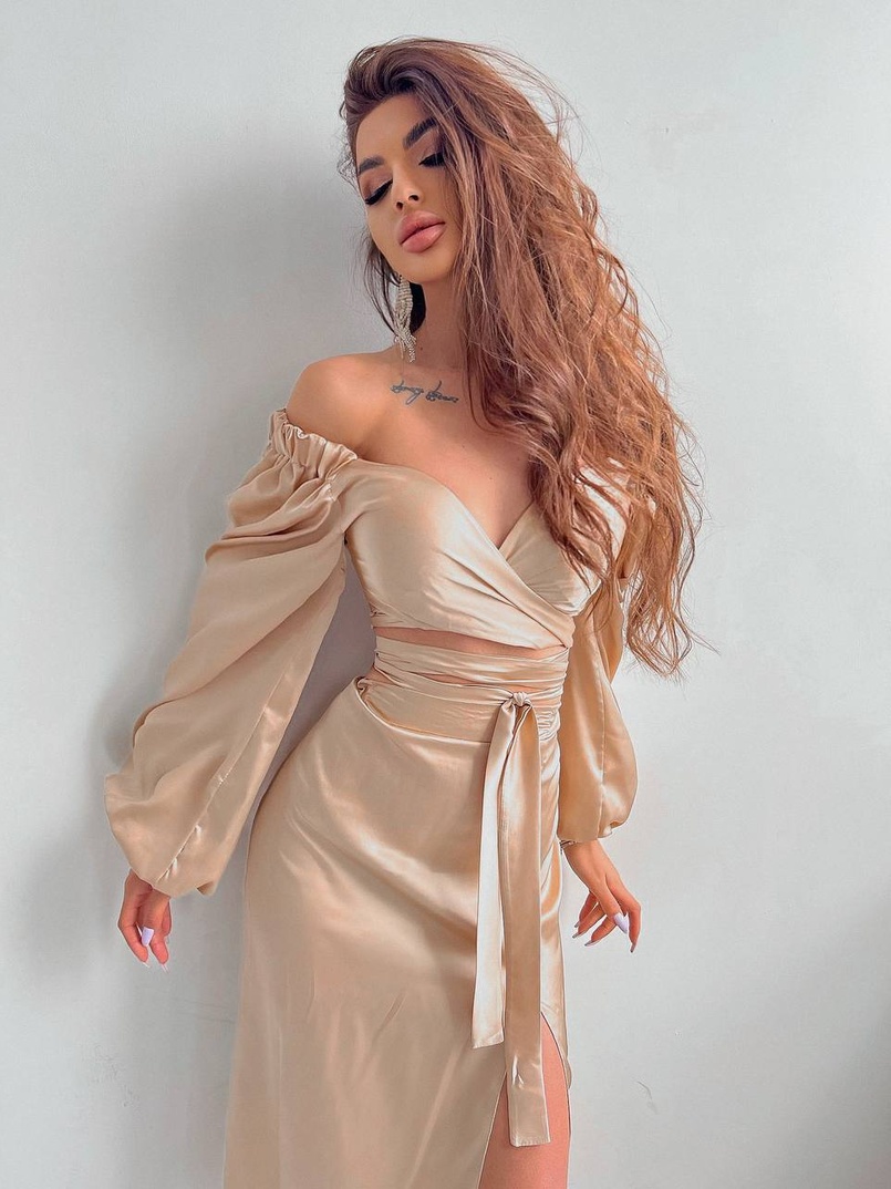 Шелковый комплект: топ с завязками на талии + юбка миди с разрезом  | PUSHKA SHOP