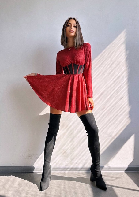 Приталена блискуча сукня з корсетною вставкою та пишною спідницею-сонцем | PUSHKA SHOP