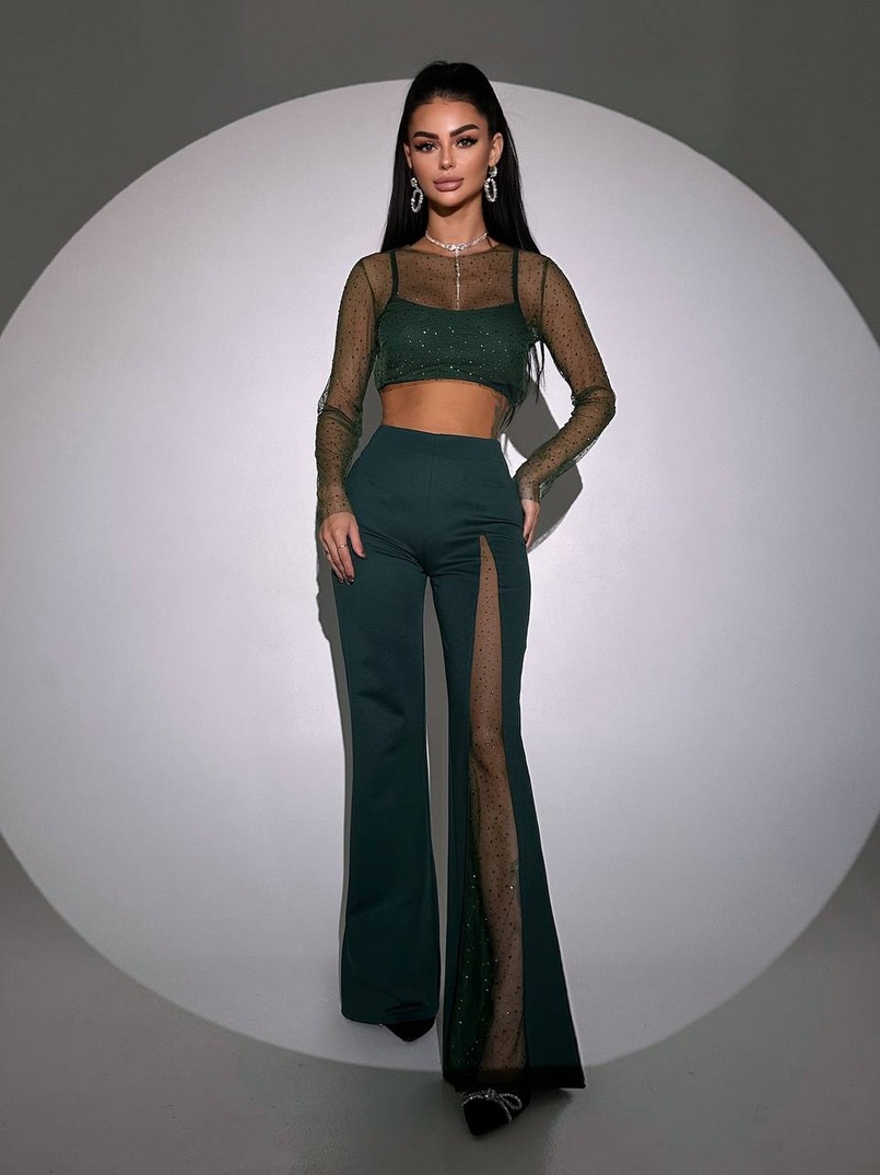 Комплект: топ + штани із сіткою зі стразами  Комплект: топ + штани із сіткою зі стразами  | PUSHKA SHOP