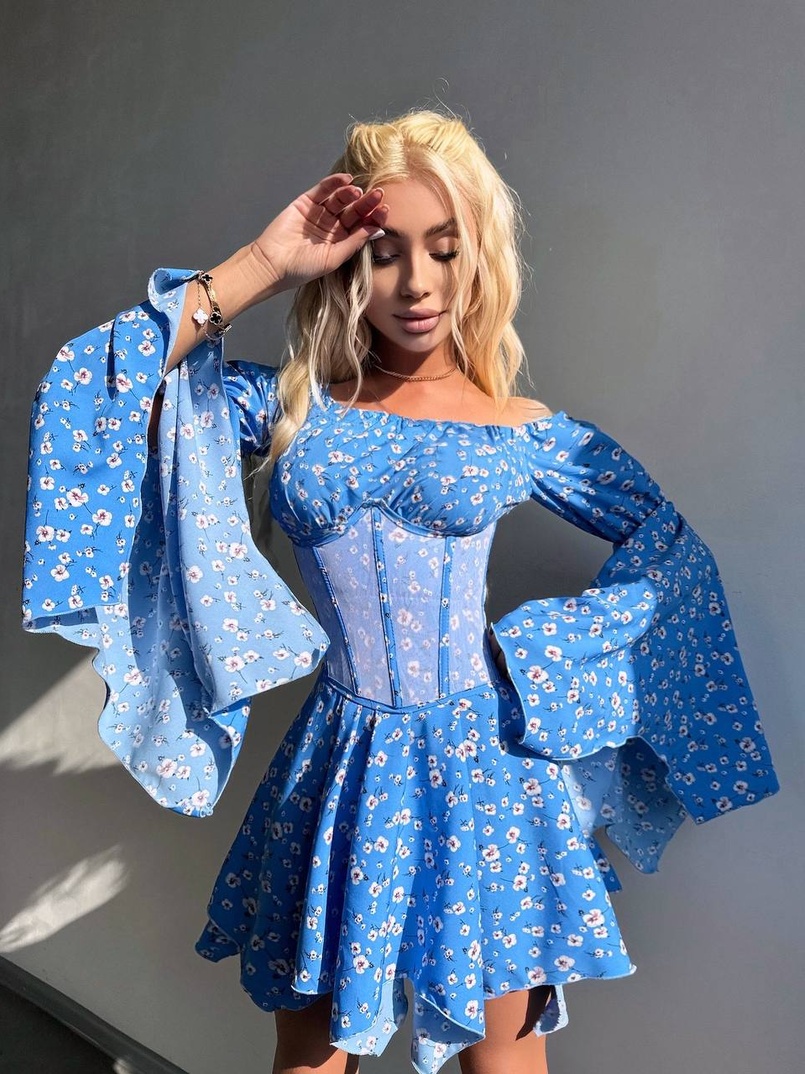 Сукня з асиметричною спідницею та розкльошеними рукавами + корсет  | PUSHKA SHOP