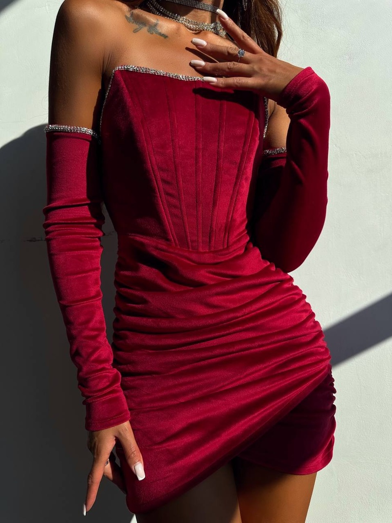 Оксамитова корсетна сукня міні, декорована стразами     Ручна робота  Оксамитова корсетна сукня міні, декорована стразами     Ручна робота  | PUSHKA SHOP
