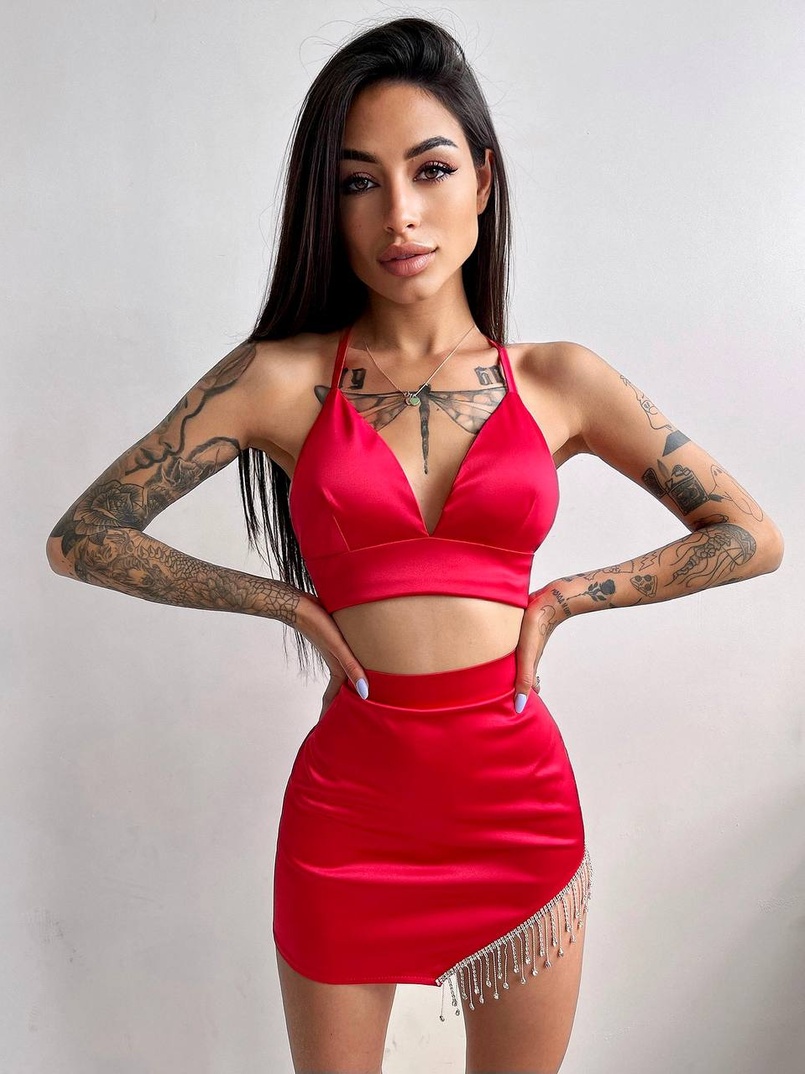 Комплект: топ с чашечками + юбка, декорированным бахромой из страз  | PUSHKA SHOP