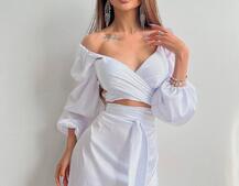 Шелковый комплект: топ с завязками на талии + юбка миди с разрезом  Шелковый комплект: топ с завязками на талии + юбка миди с разрезом  | PUSHKA SHOP