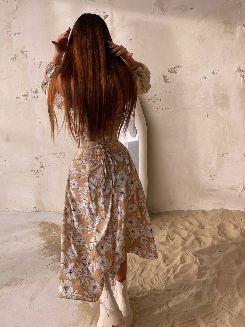 Сукня міді з розрізом в квітковий принт + прозорий корсет  | PUSHKA SHOP