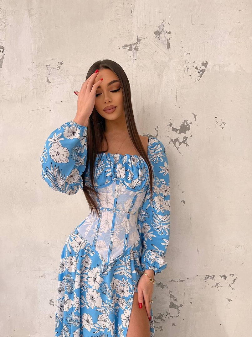 Сукня міді з розрізом в квітковий принт + прозорий корсет  Сукня міді з розрізом в квітковий принт + прозорий корсет  | PUSHKA SHOP