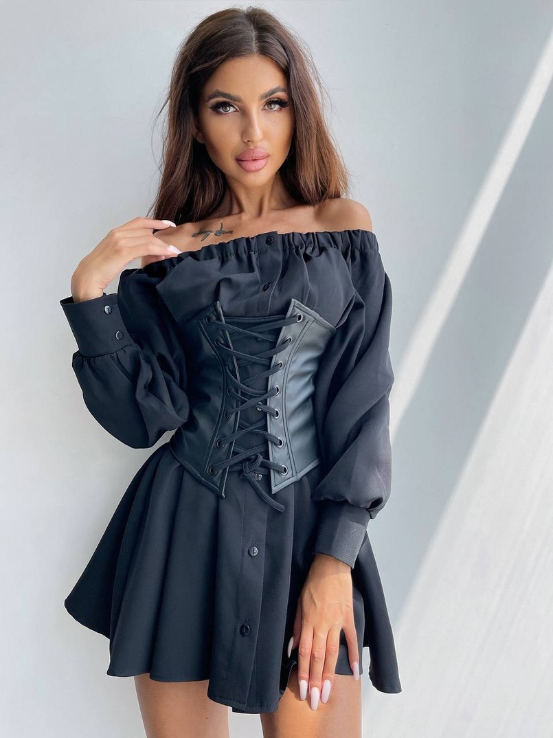 Приталена сукня-сорочка на плічках з корсетом з еко-шкіри | PUSHKA SHOP