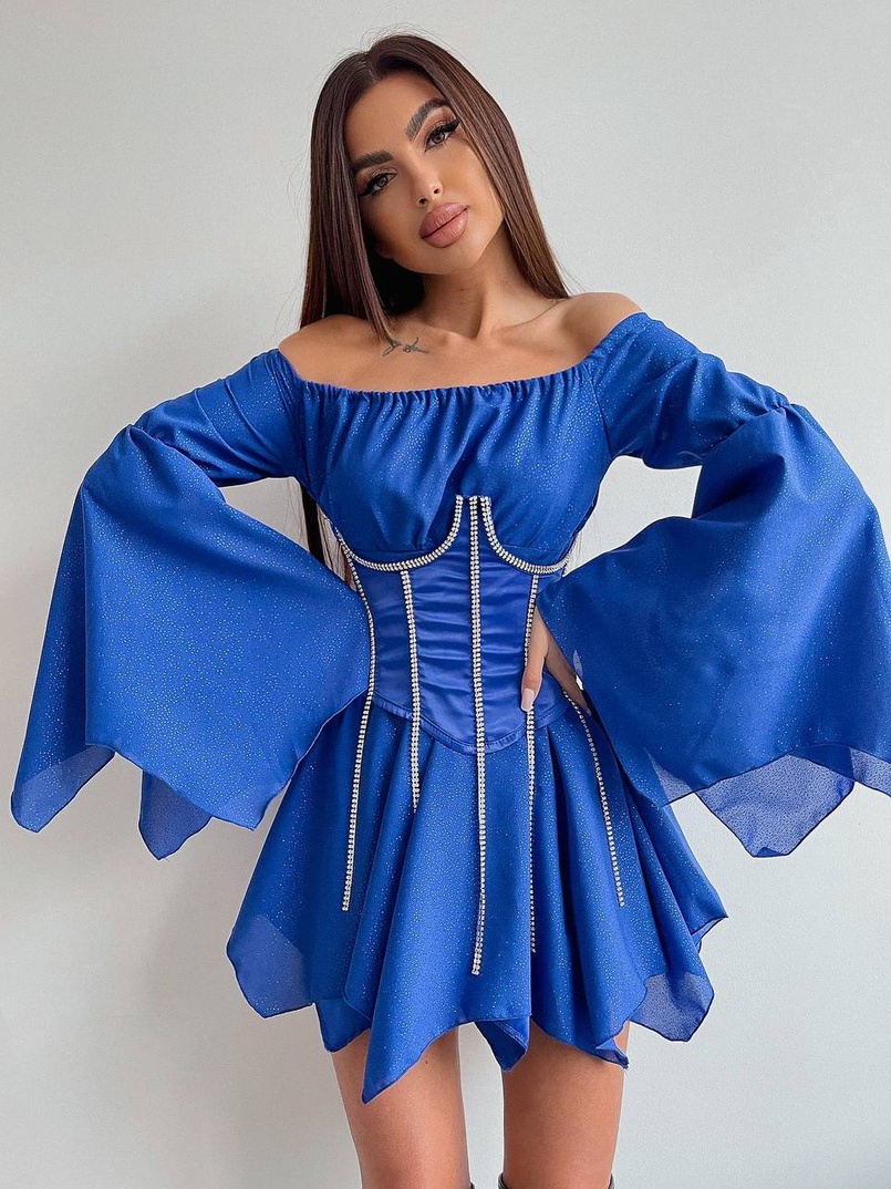 Шифонова сукня на підкладці з розкльошеними рукавами з асиметричною спідницею + корсет декорований стразами Ручна робота! Шифонова сукня на підкладці з розкльошеними рукавами з асиметричною спідницею + корсет декорований стразами Ручна робота! | PUSHKA SHOP