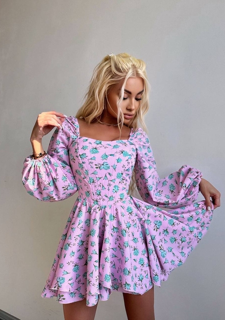 Сукня міні з квітковим принтом, корсетним верхом та подвійною спідницею  | PUSHKA SHOP
