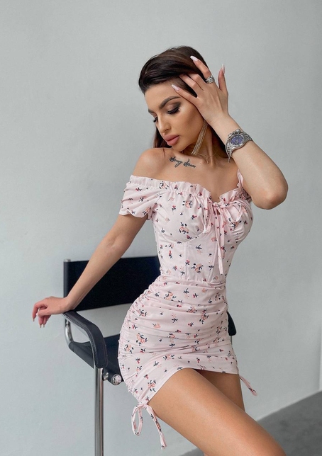 Цветочное платье мини с корсетной вставкой  на талии и присобранной юбкой  | PUSHKA SHOP