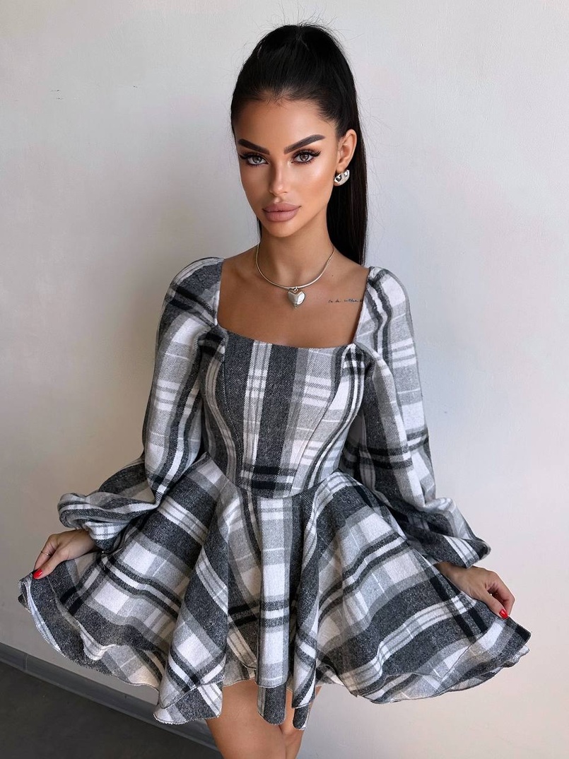 Корсетна сукня з подвійною спідницею та обʼємними рукавами у клітинку  Корсетна сукня з подвійною спідницею та обʼємними рукавами у клітинку  | PUSHKA SHOP