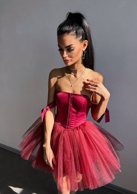 Атласна корсетна сукня міні з гачками та пишною фатиновою спідницею  | PUSHKA SHOP