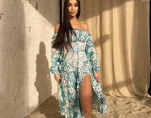 Сукня міді з розрізом в квітковий принт + прозорий корсет  Сукня міді з розрізом в квітковий принт + прозорий корсет  | PUSHKA SHOP