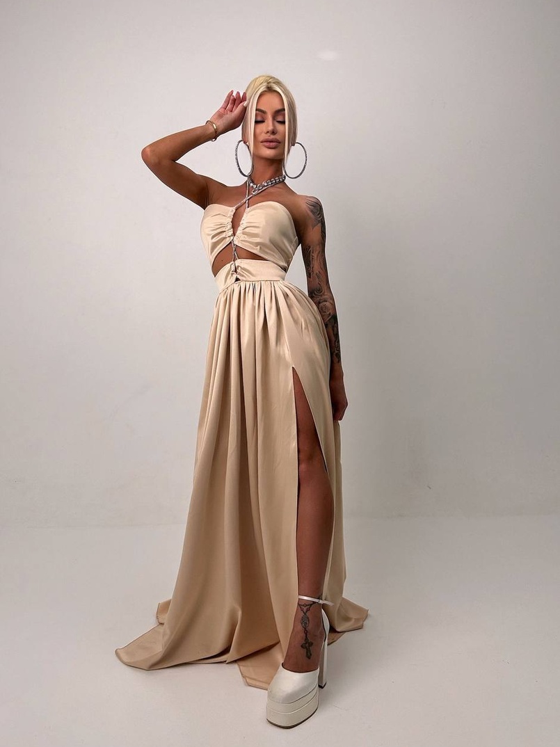 Атласна сукня максі із шнуром зі стразами  Атласна сукня максі із шнуром зі стразами  | PUSHKA SHOP