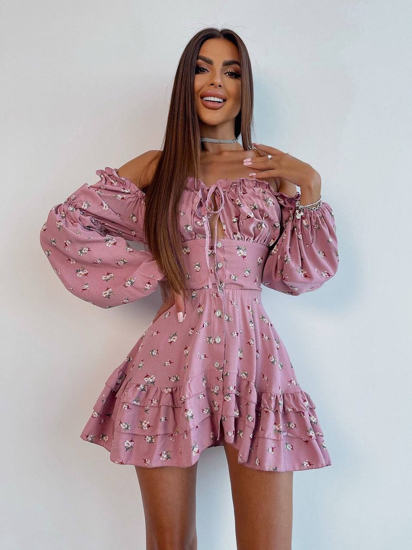 Сукня з квітковим принтом з воланами на ґудзиках  | PUSHKA SHOP