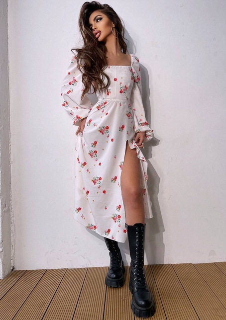 Квіткова сукня-міді зі шнурівкою на спинці та розрізом на ніжці | PUSHKA SHOP