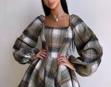 Корсетна сукня з подвійною спідницею та обʼємними рукавами у клітинку  Корсетна сукня з подвійною спідницею та обʼємними рукавами у клітинку  | PUSHKA SHOP