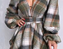 Сукня з подвійною спідницею та обʼємними рукавами у клітинку  Сукня з подвійною спідницею та обʼємними рукавами у клітинку  | PUSHKA SHOP